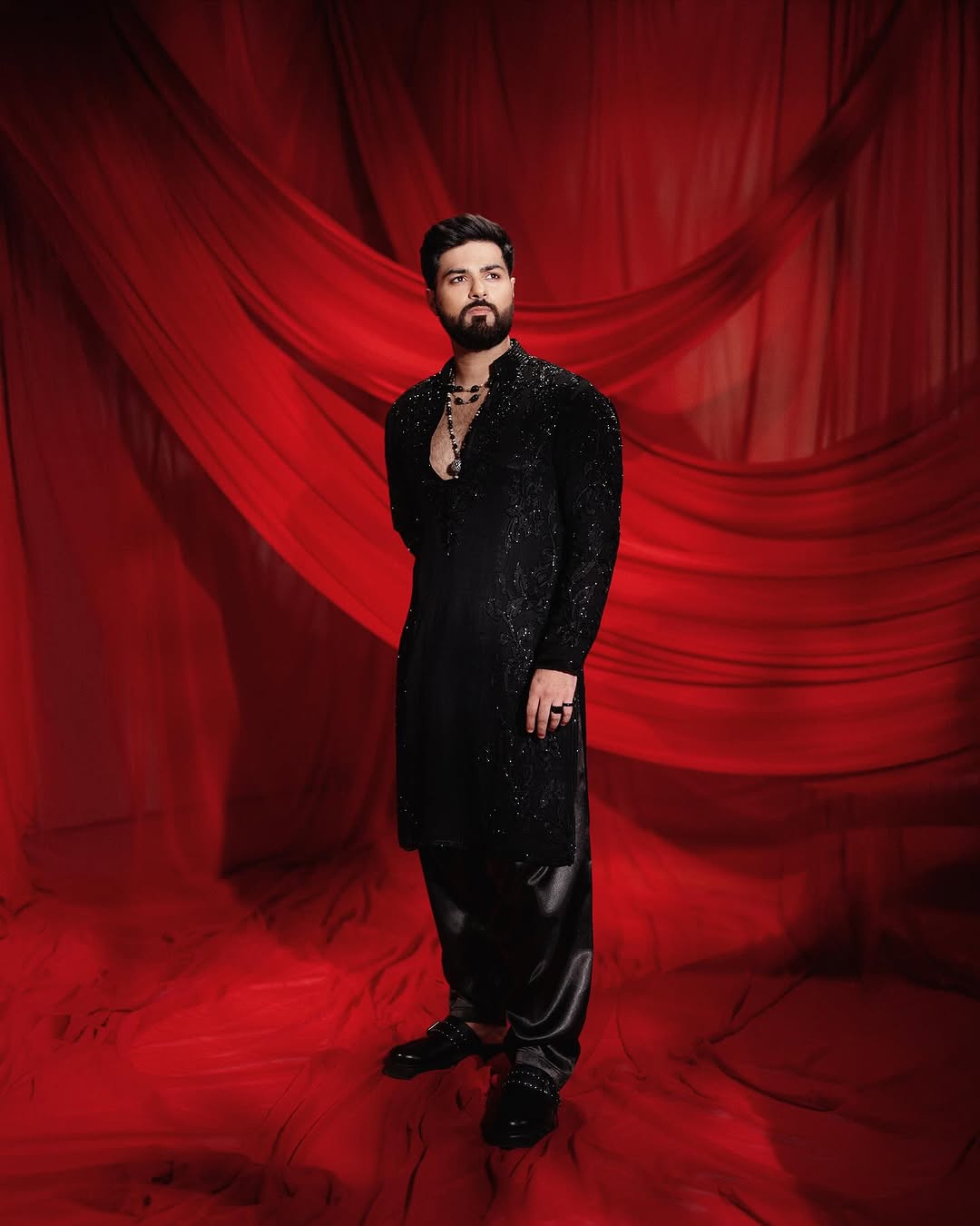 Black HAND WORK MEN'S KURTA WITH PAJAMA SET