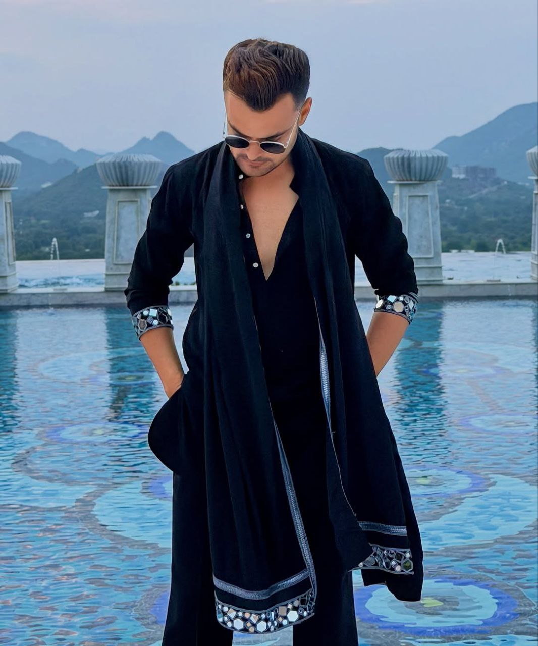 Black Indigo Mirror Embroidered Kurta Pyjama Set With Dupatta