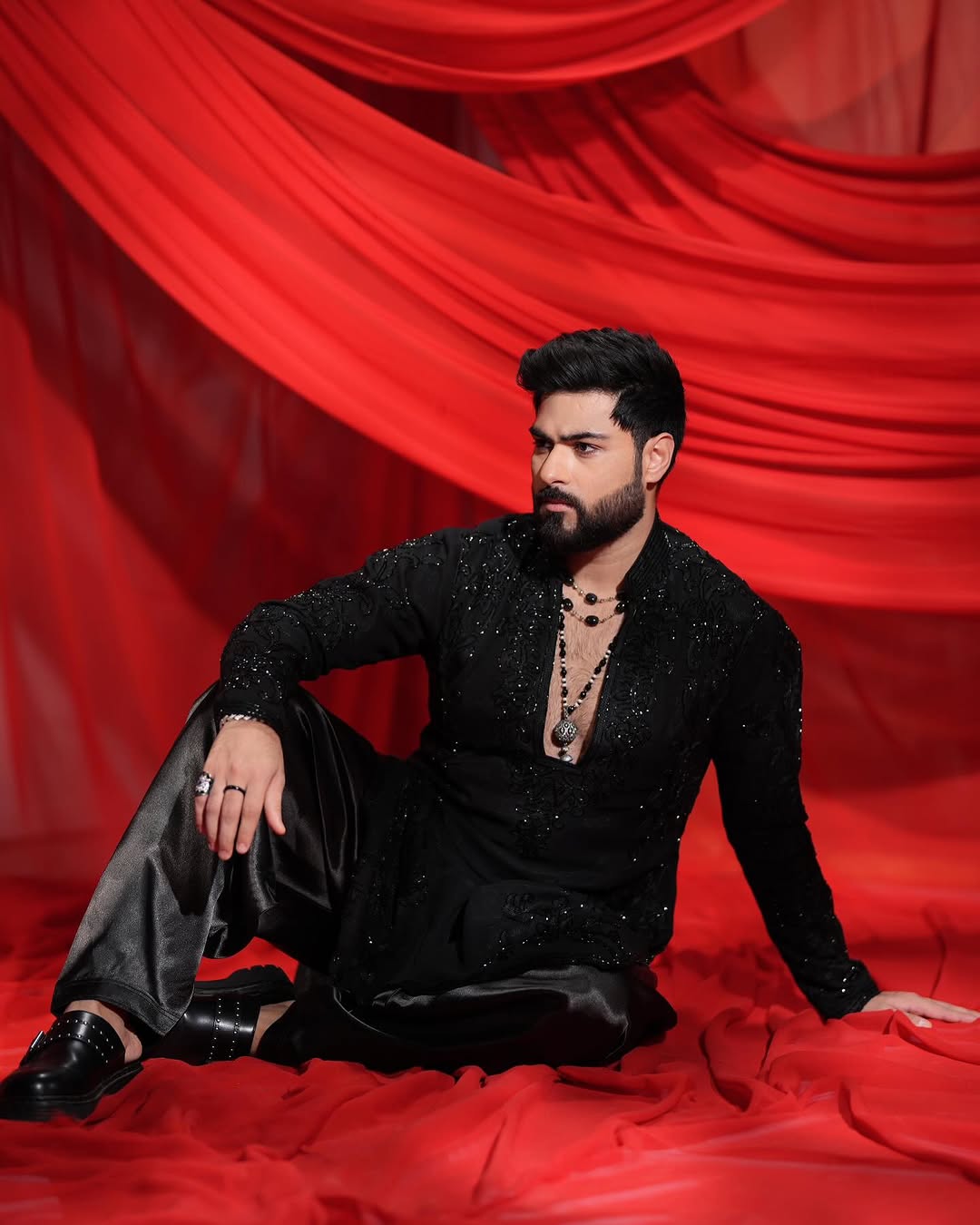 Black HAND WORK MEN'S KURTA WITH PAJAMA SET