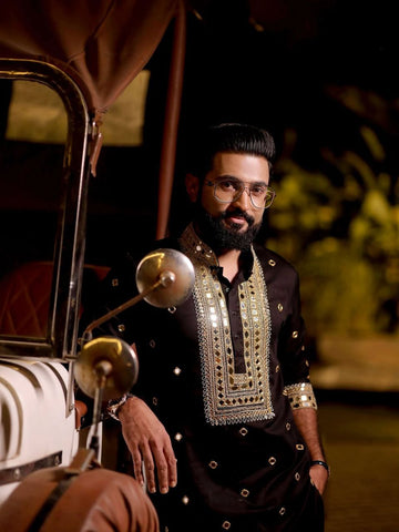 Premium Ethnic Gold Embroidery With Mirror Kurta for Men