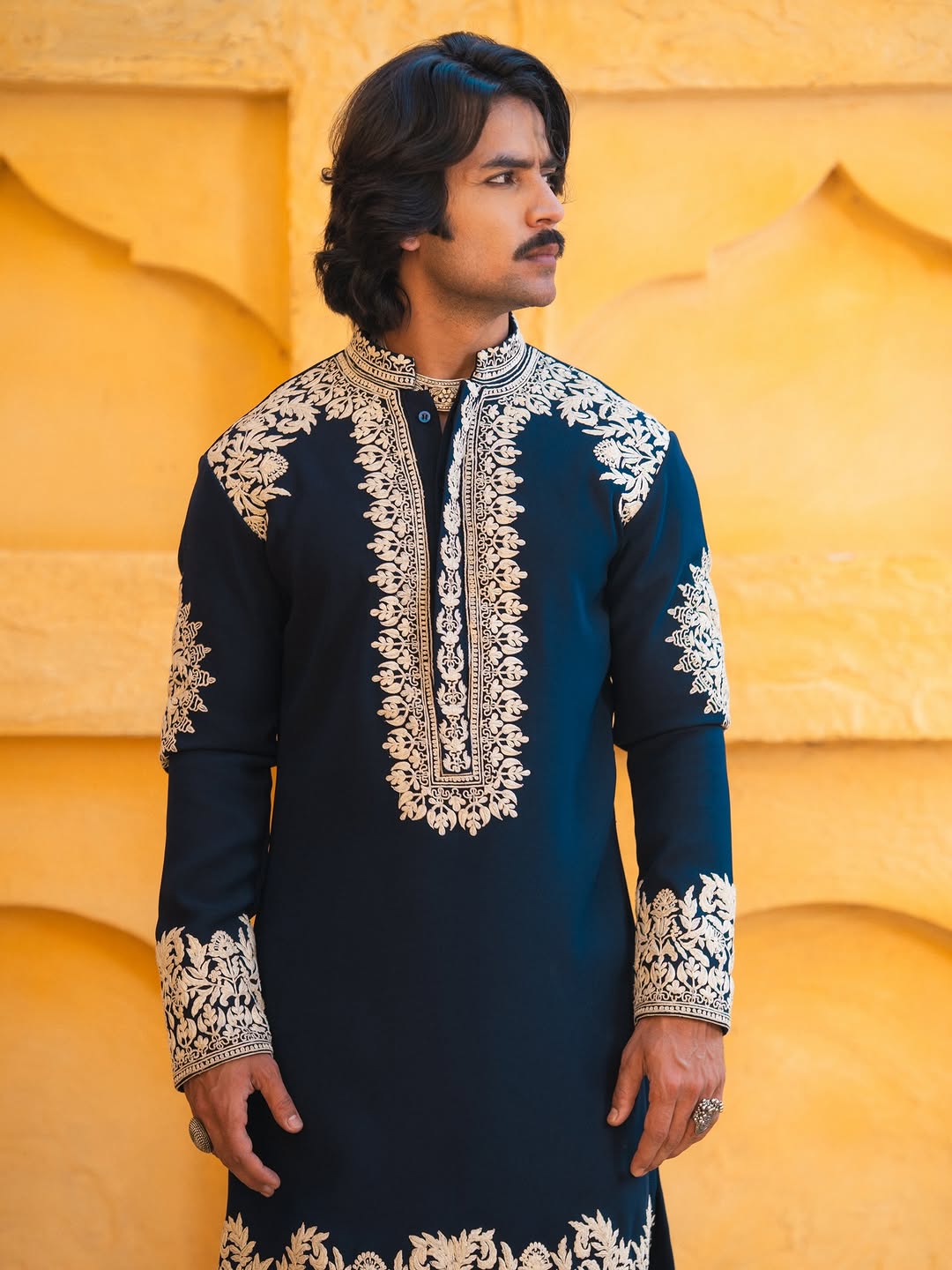 Blue Whale Neck Embroidered Work Men's Kurta with Pajama