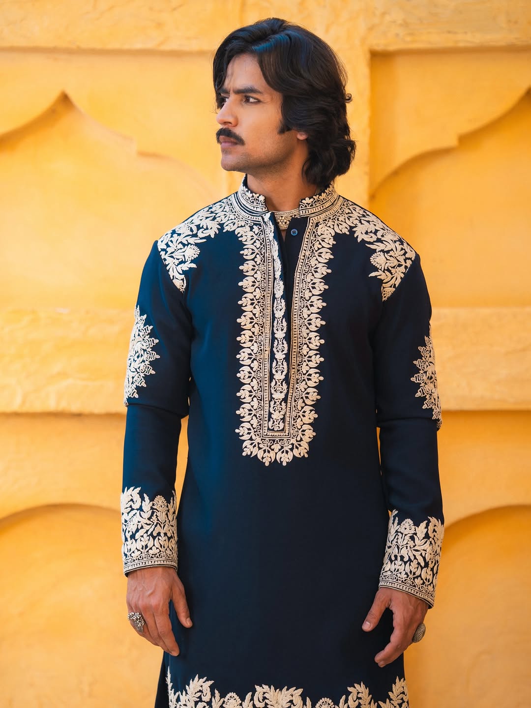 Blue Whale Neck Embroidered Work Men's Kurta with Pajama