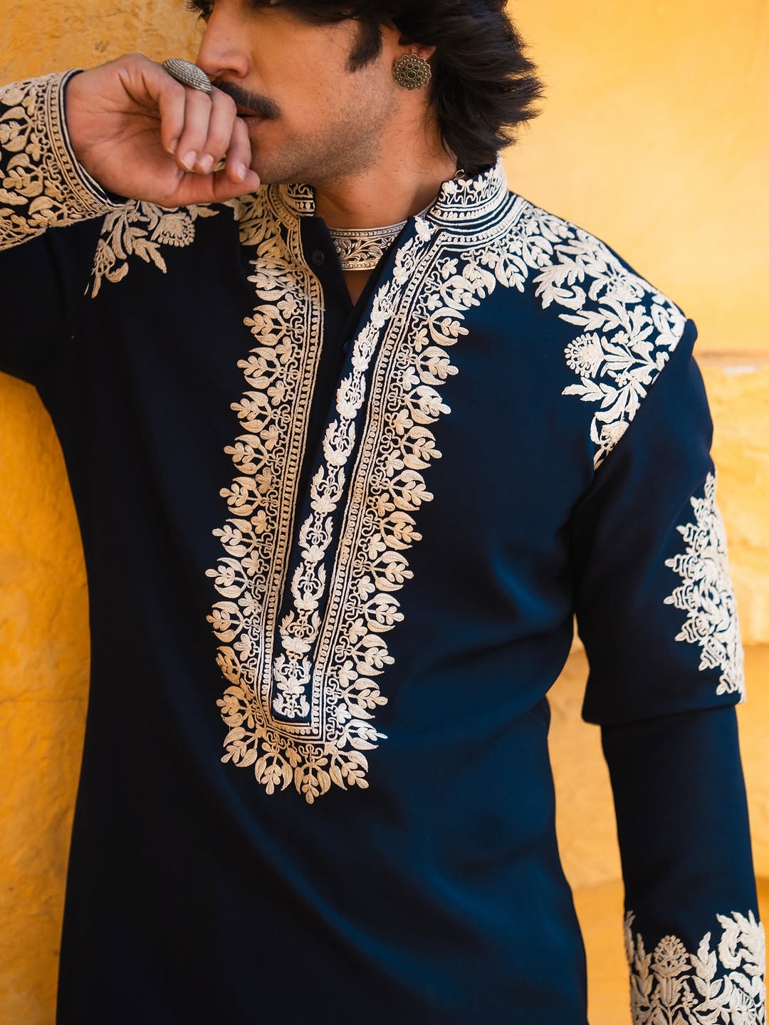 Blue Whale Neck Embroidered Work Men's Kurta with Pajama