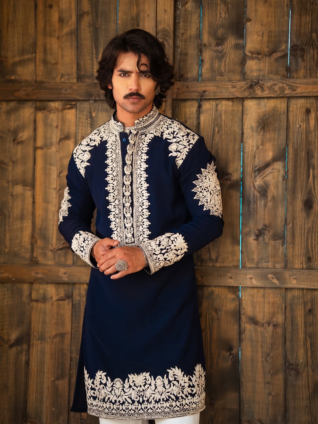 Blue Whale Neck Embroidered Work Men's Kurta with Pajama
