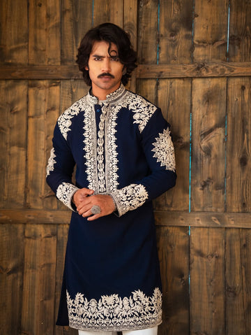 Blue Whale Neck Embroidered Work Men's Kurta with Pajama