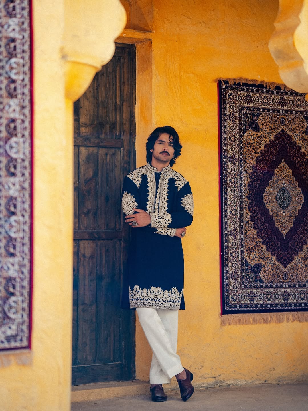 Blue Whale Neck Embroidered Work Men's Kurta with Pajama