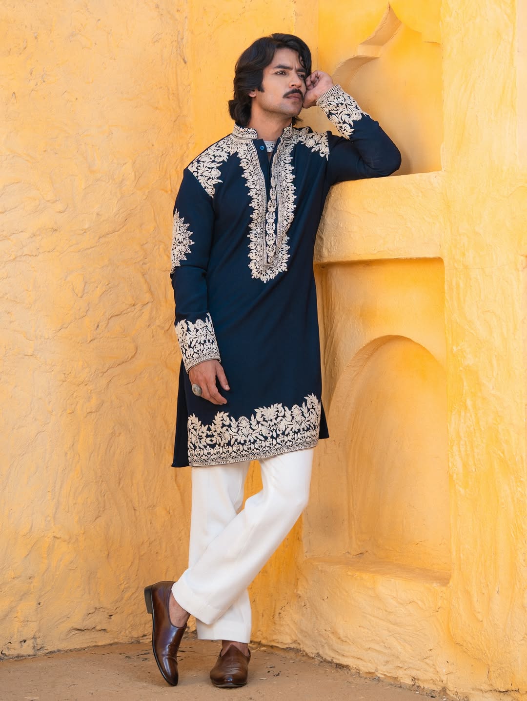 Blue Whale Neck Embroidered Work Men's Kurta with Pajama