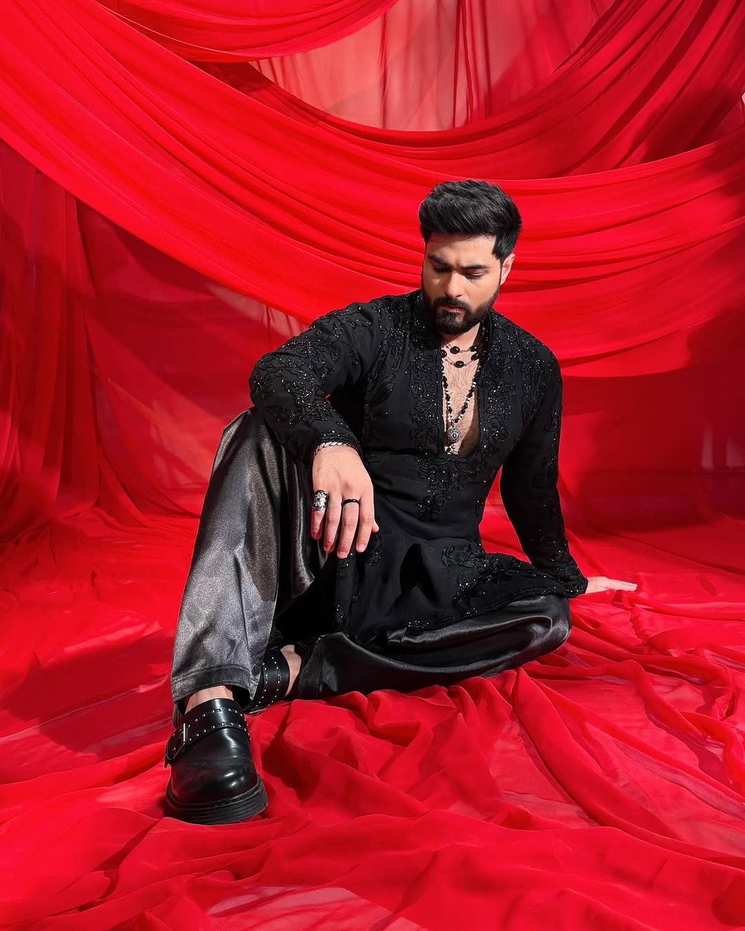 Black HAND WORK MEN'S KURTA WITH PAJAMA SET