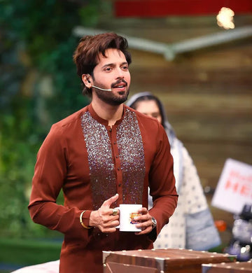 MAROON BOX NECK EMBROIDERED MEN'S KURTA WITH PAJAMA SET
