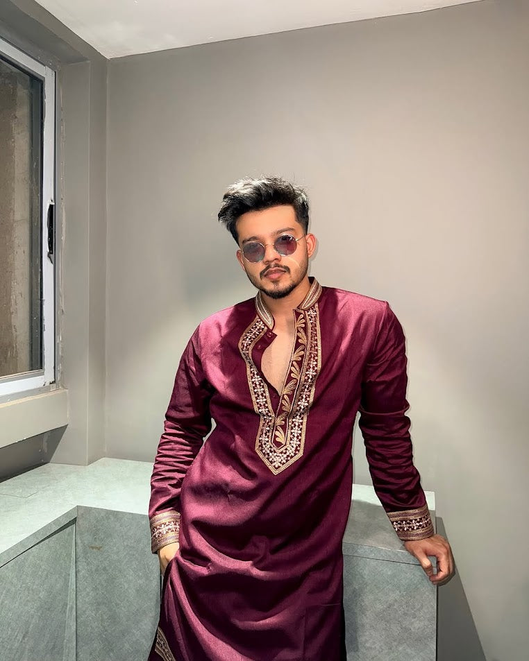 MAROON RIYAZ NECK EMBROIDERED MEN'S KURTA WITH PAJAMA SET