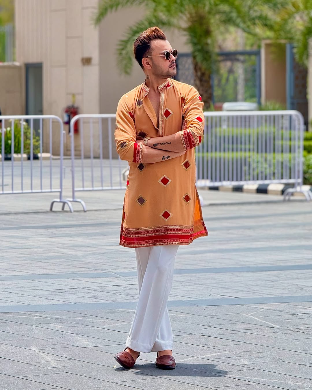 Tiger Orange Embroidered Work Men's Kurta with Pajama&nbsp;