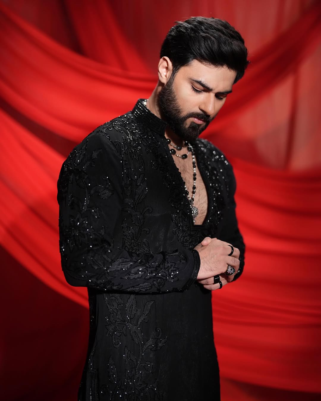 Black HAND WORK MEN'S KURTA WITH PAJAMA SET