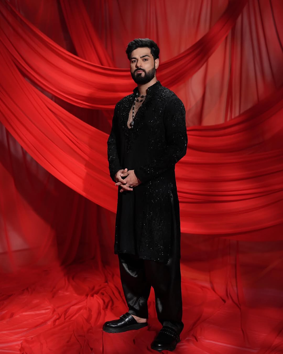 Black HAND WORK MEN'S KURTA WITH PAJAMA SET