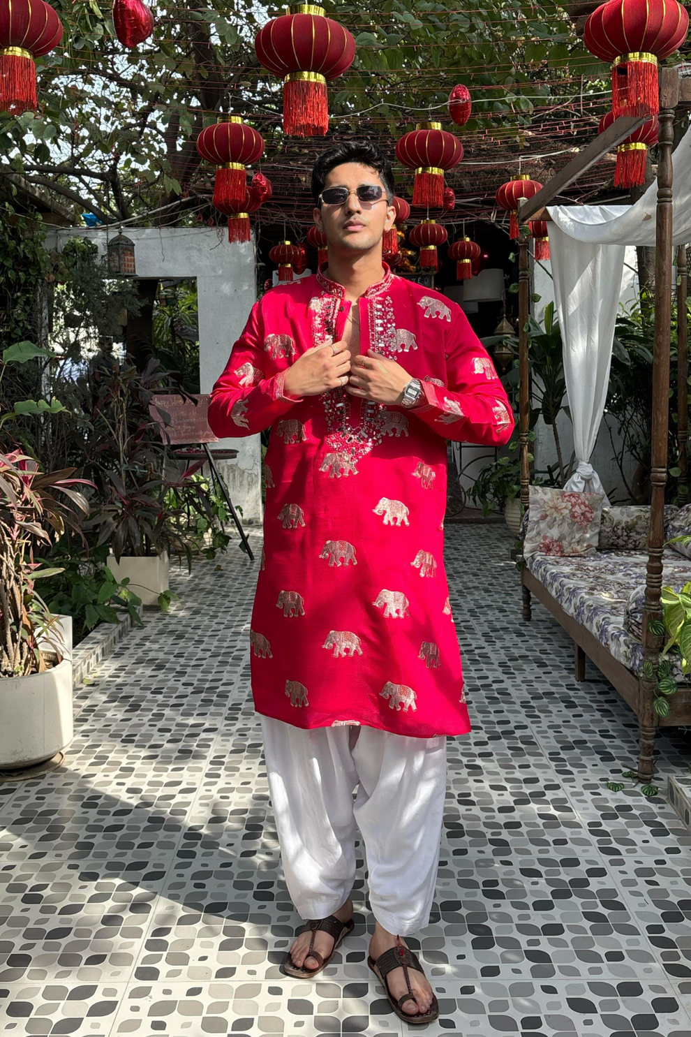 PINK RED ELEPHANT NECK EMBROIDERED WORK KURTA PAUJAMA SET FOR MEN'S