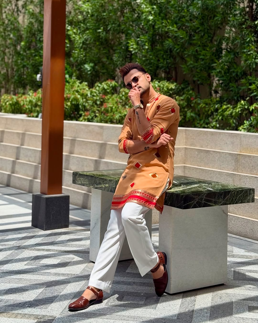 Tiger Orange Embroidered Work Men's Kurta with Pajama&nbsp;