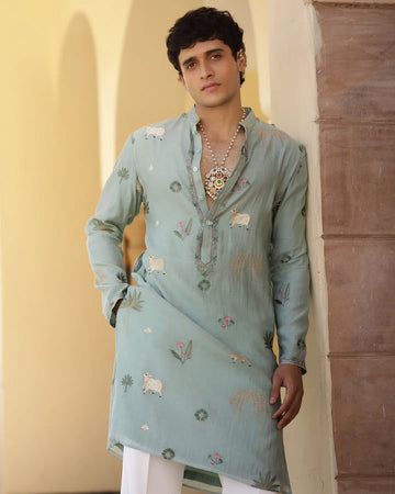 Pichwai Print Elegance Embroidered Work Men's Kurta