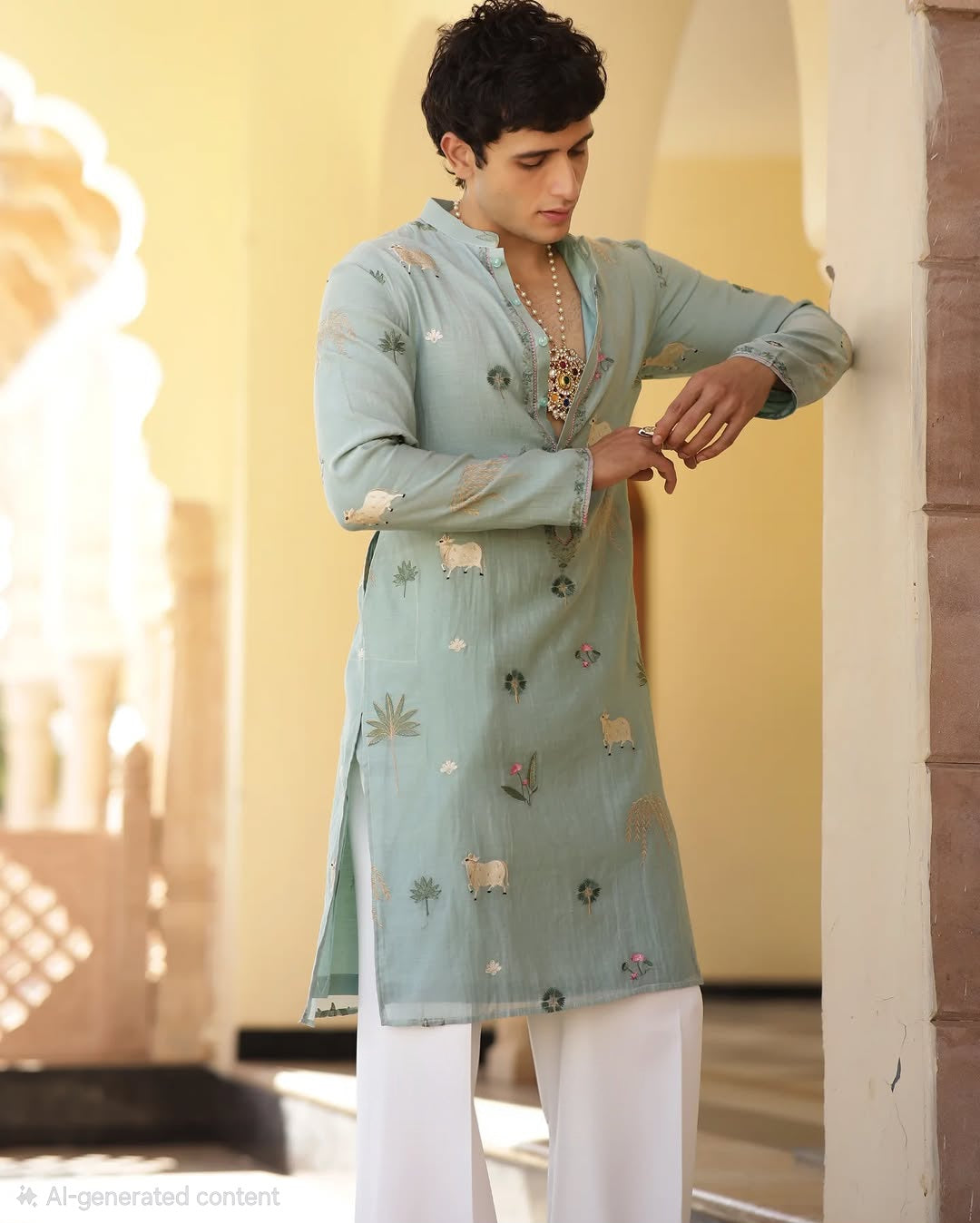Pichwai Print Elegance Embroidered Work Men's Kurta