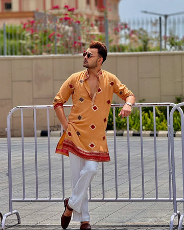 Tiger Orange Embroidered Work Men's Kurta with Pajama&nbsp;