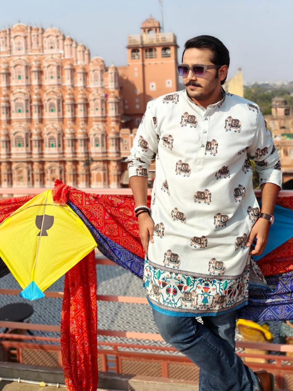 Foggy Grey ELEPHANT DAMAN JAYPURI PRINTED WORK KURTA PAJAMA SET FOR MEN'S