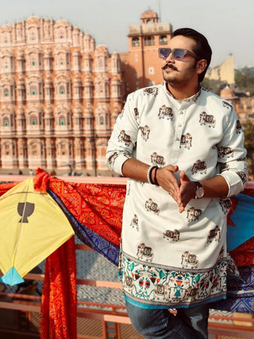 Foggy Grey ELEPHANT DAMAN JAYPURI PRINTED WORK KURTA PAJAMA SET FOR MEN'S