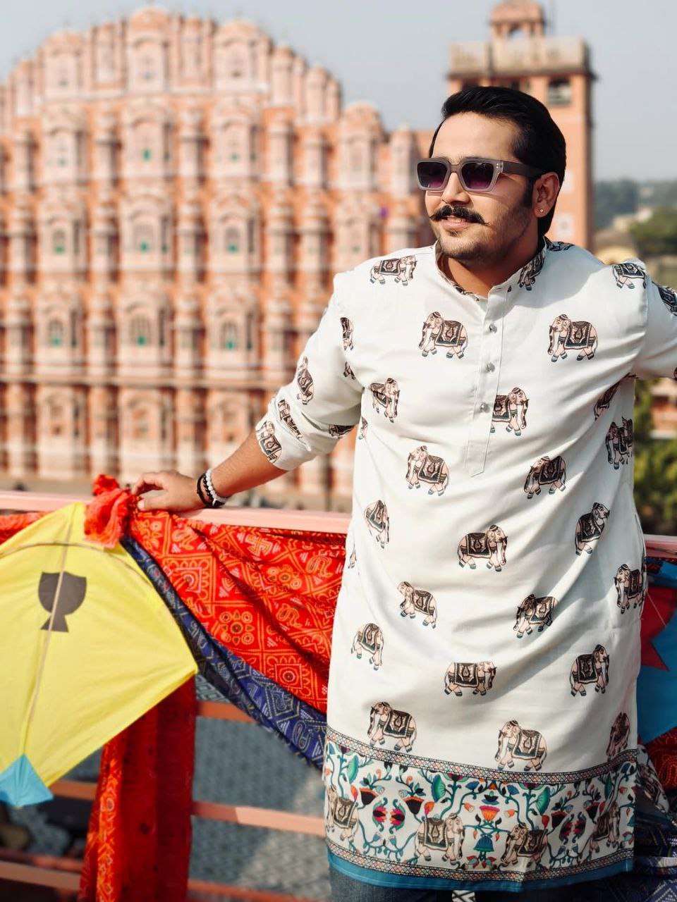 Foggy Grey ELEPHANT DAMAN JAYPURI PRINTED WORK KURTA PAJAMA SET FOR MEN'S